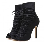 Black Suede Lace Up Peep Toe Strappy Stiletto High Heels Ankle Boots Shoes